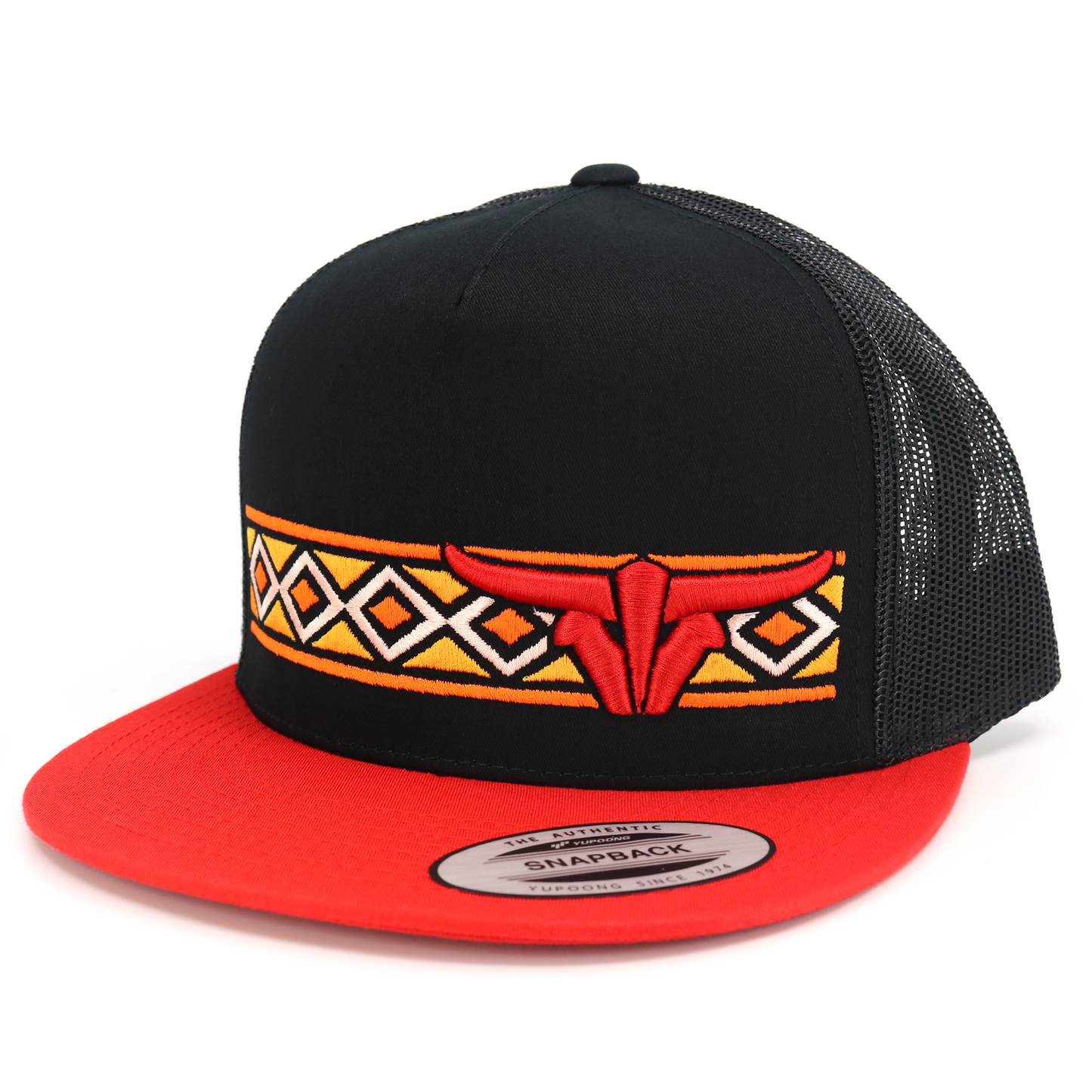 Navajo Red/Black/Black Trucker Hat - Flat Visor