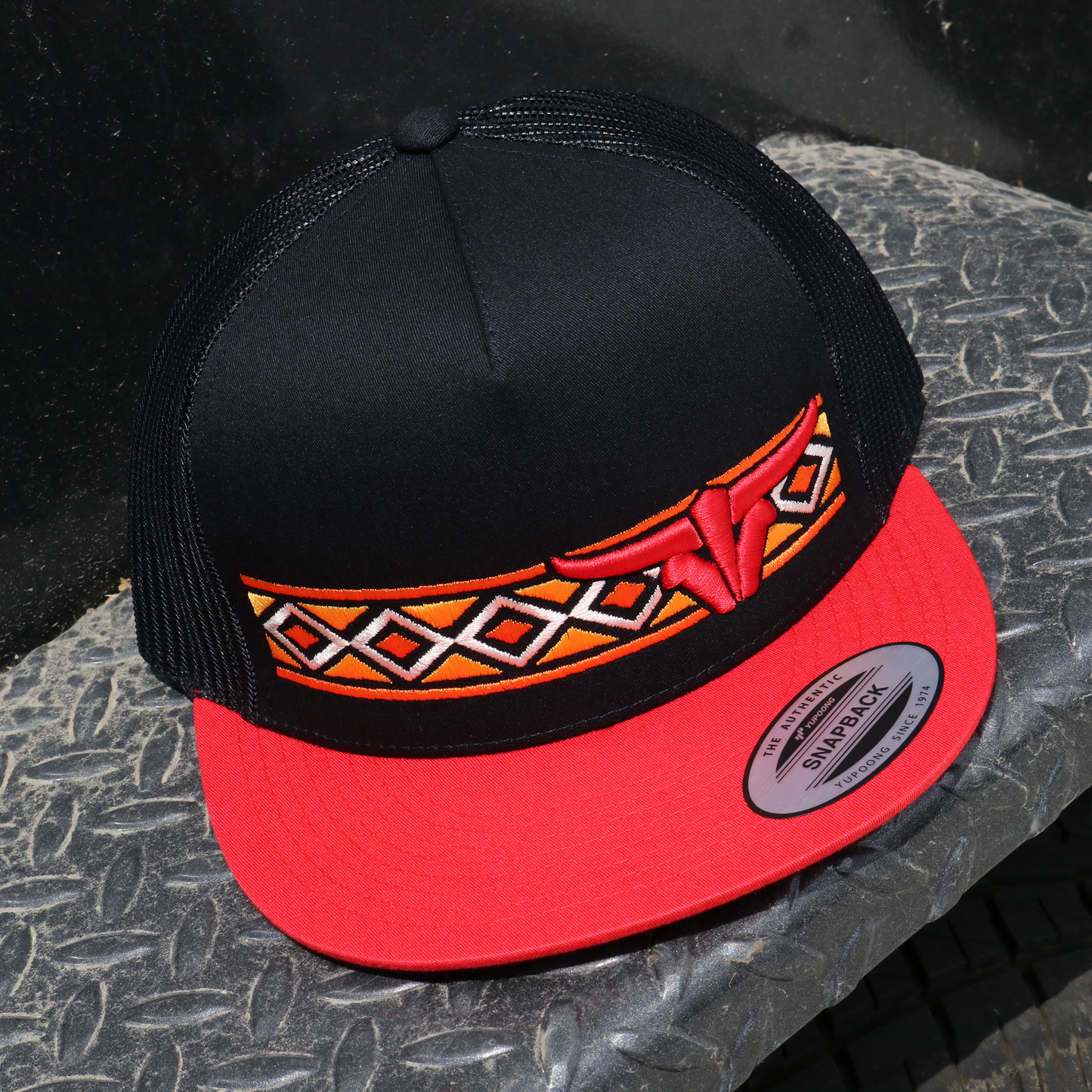 Navajo Red/Black/Black Trucker Hat - Flat Visor