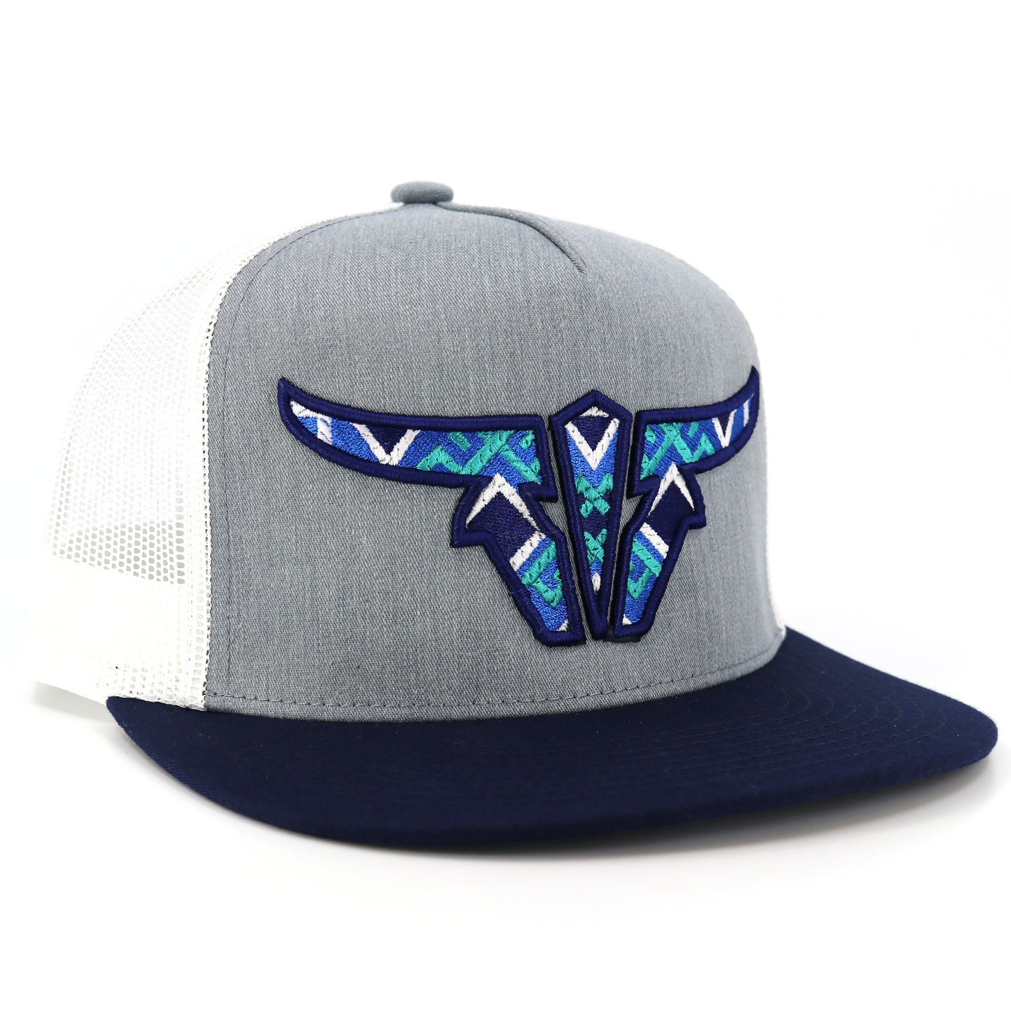 Aztec Navy/Heather/White Trucker Hat - Flat Visor