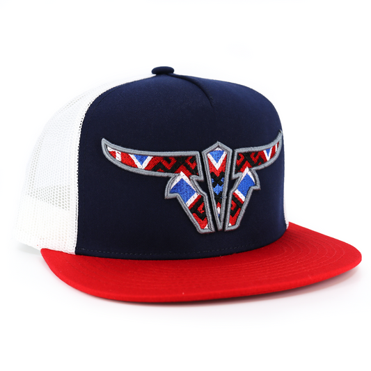 Aztec Red/Navy/White Trucker Hat - Flat Visor