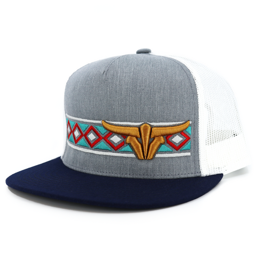 Navajo Navy/Heather/White Trucker Hat - Flat Visor