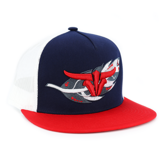 Feather Red/Navy/White Trucker Hat - Flat Visor