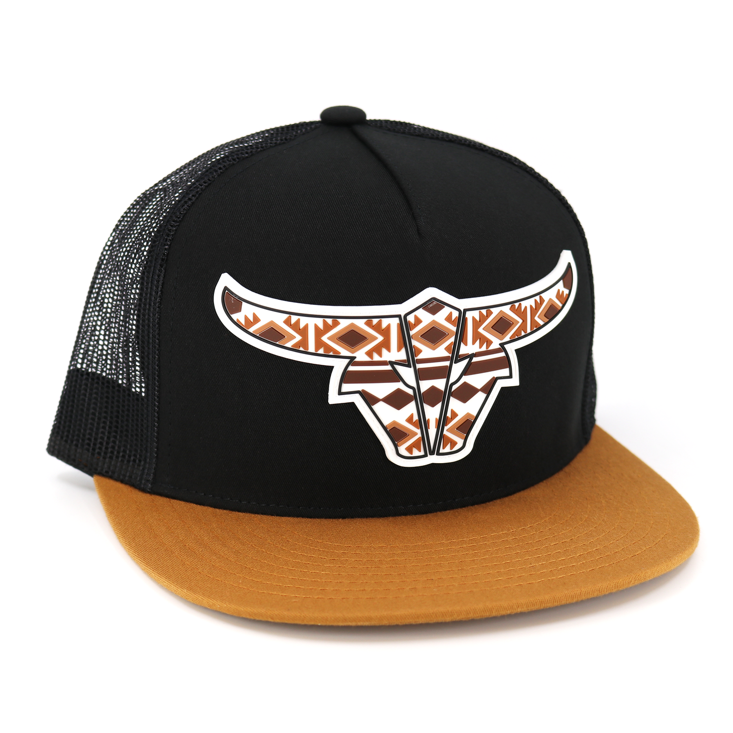 Tribal Caramel/Black/Black Trucker Hat - Flat Visor