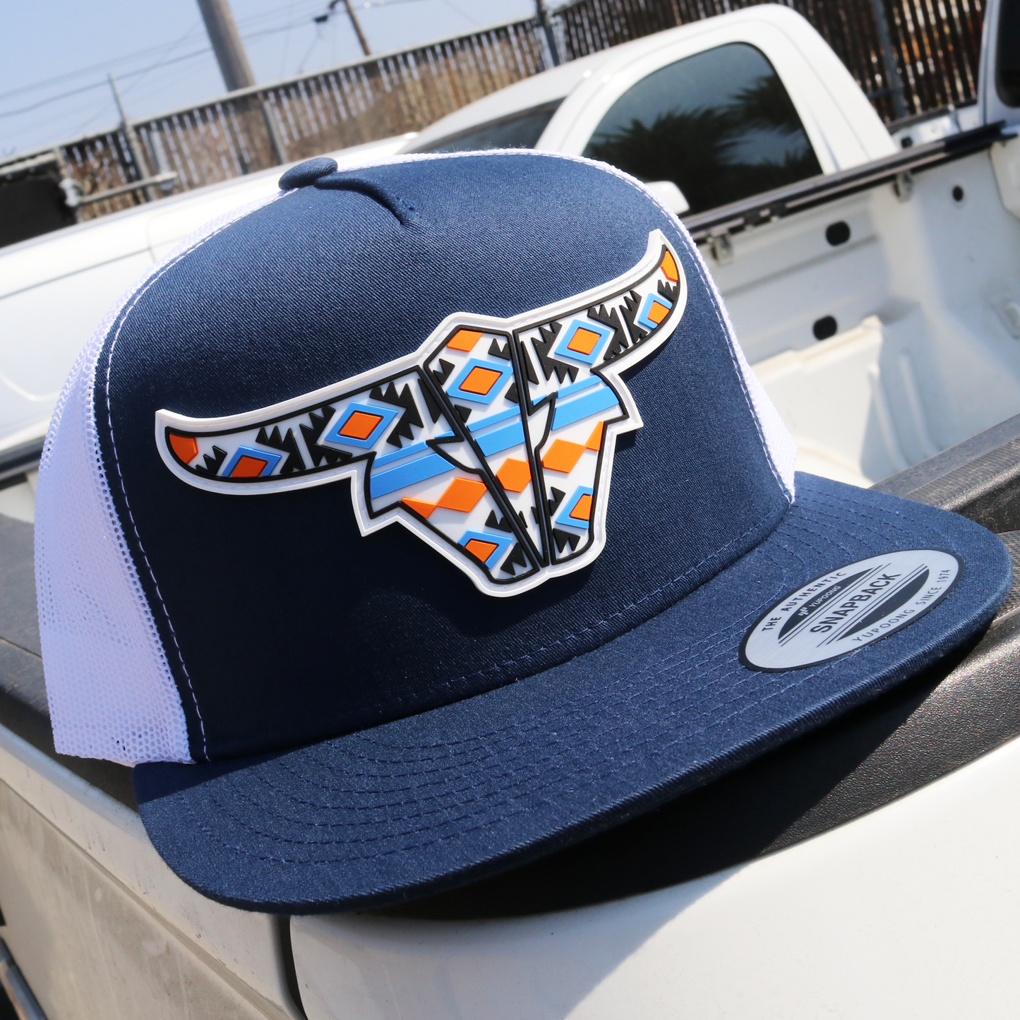 Tribal Navy/White Trucker Hat - Flat Visor