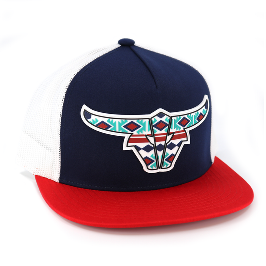 Tribal Red/Navy/White Trucker Hat - Flat Visor